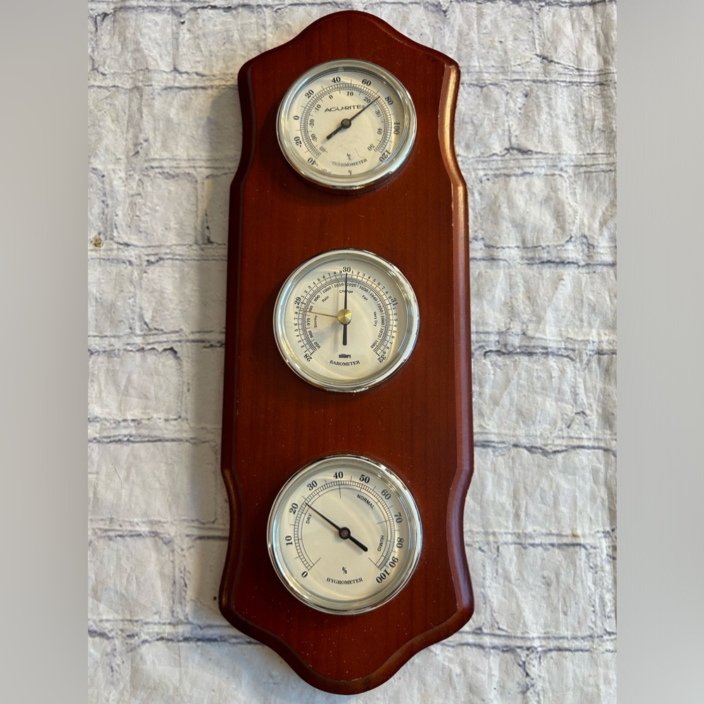 ACURITE VINTAGE BAROMETER THERMOMETER,HYGROMETER WOOD LIKE FRAME CHERRY STAIN